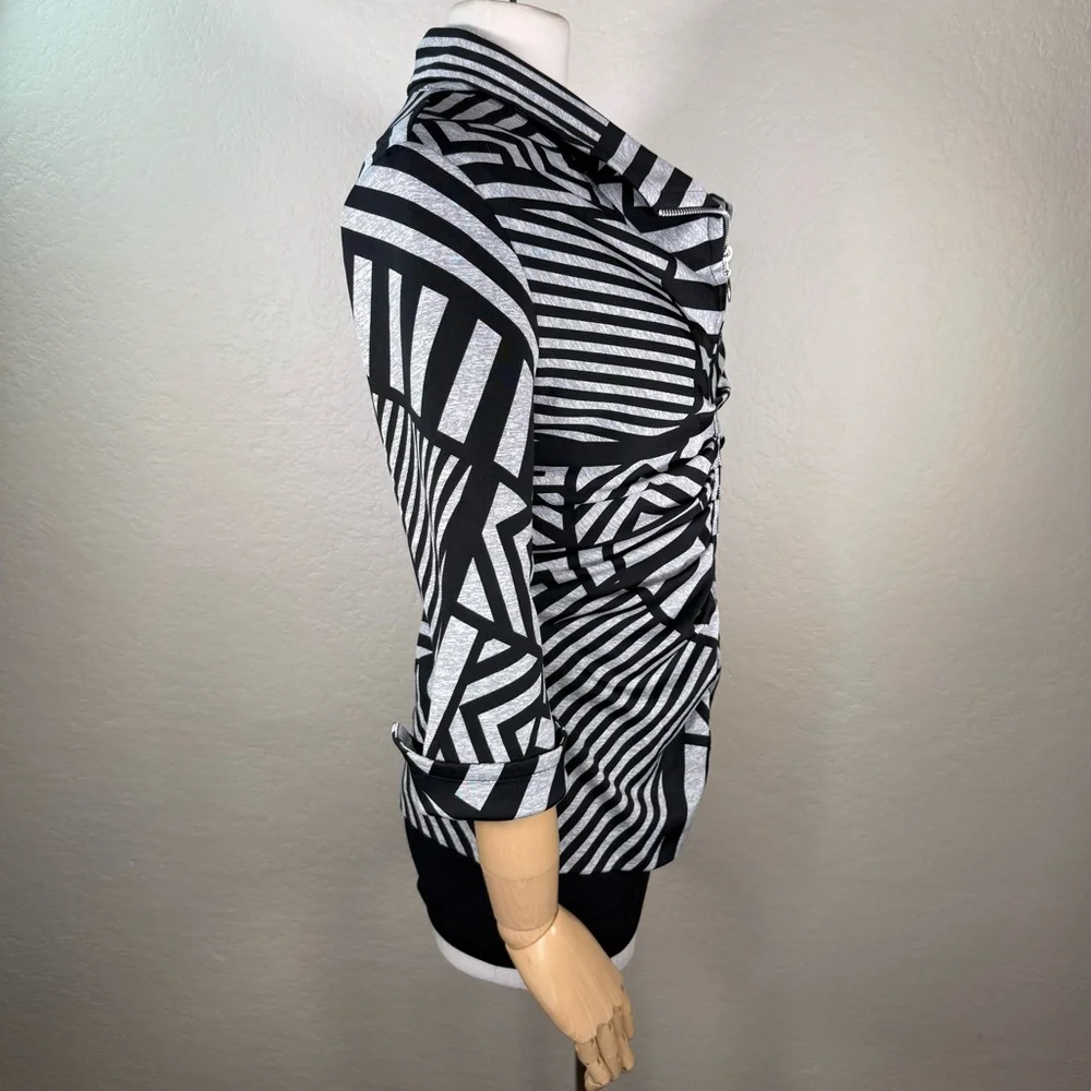 Joseph Ribkoff Geometric Ruched Striped Fitted Zip Blazer Light Jacket SZ 10 EUC